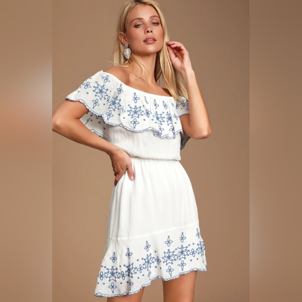 Blue and White Ruffle Embroidered Skater Dress. Brand: Lulus. Size: Small